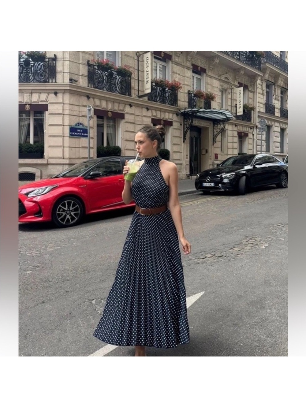 Zara Polka Dot Midi Halter Dress with Belt - Navy Blue